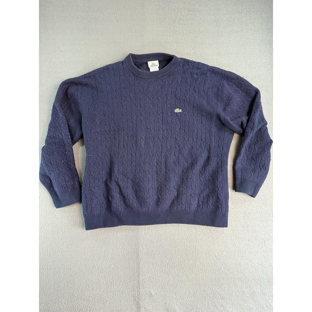 Lacoste Sweater Womens XL Blue Cable Knit Crew Neck Cotton Wool Logo Pullover
